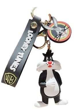 NEW Sylvester Looney Tunes Rubber Charm Keychain with Black Strap and Red Accent